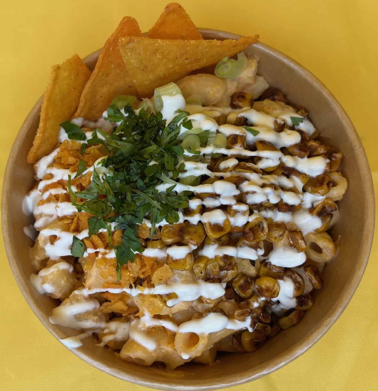 Tortilla, Blackened Corn and Sour Cream Mac and Cheese